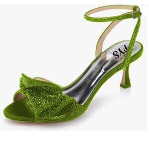 FYS Grass Green Rhinestones Bow Peep Toe Mid Heel Ankle Strap Satin Sandals